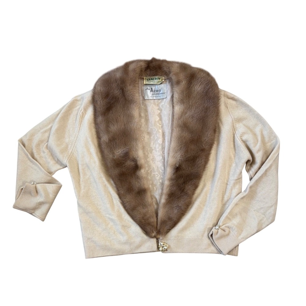 Vintage‎ Cameron Classics Cashmere Cardigan Max Azen Mink Fur Collar Cream/Beige